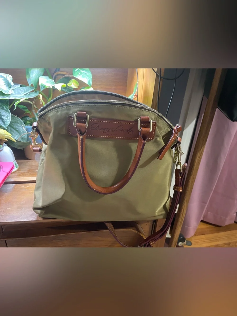 Dooney & Bourke Olive and Brown Leather Satchel With Purple Trim